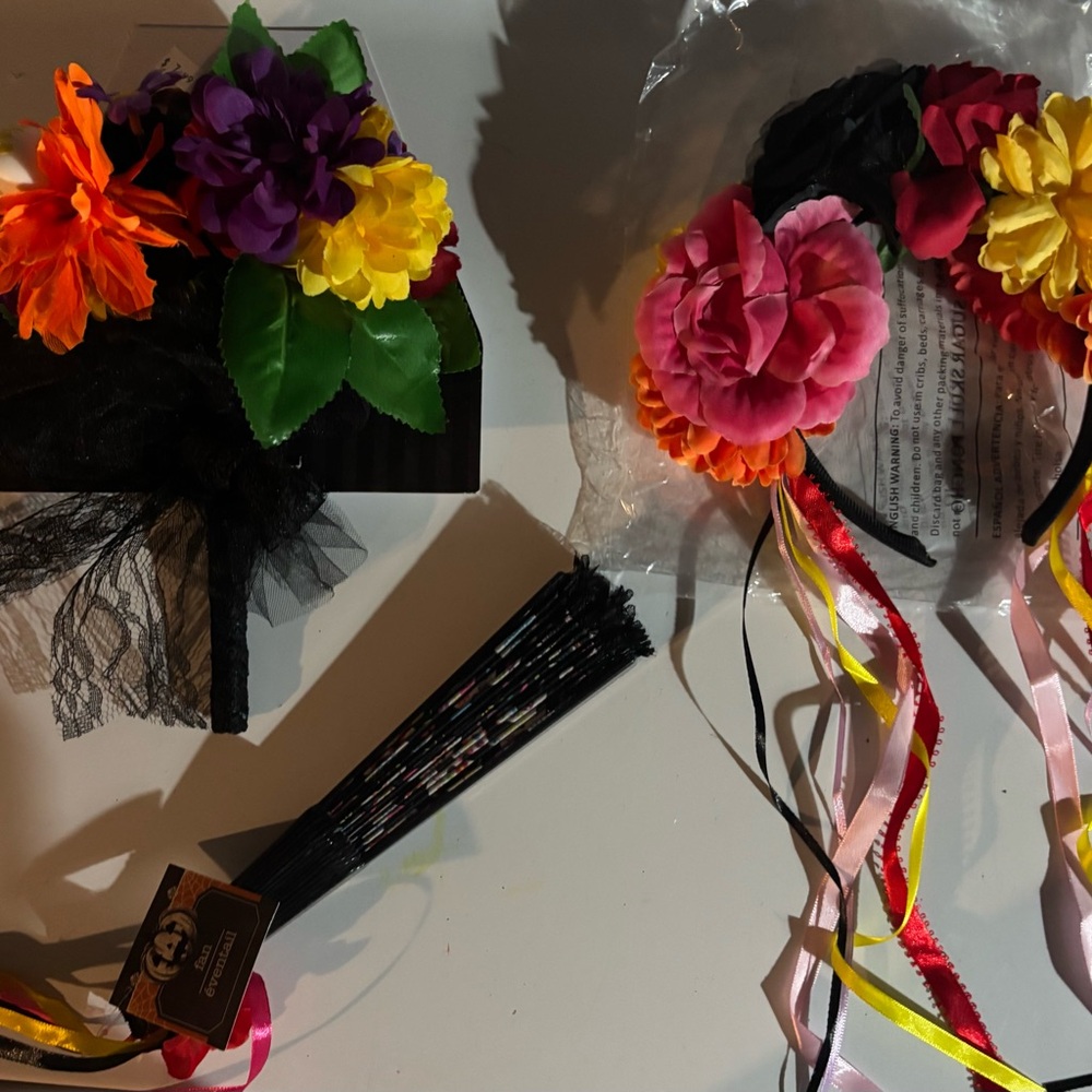 Day of the Dead Floral Headband with a bouquet of flowers & a fan that opens up